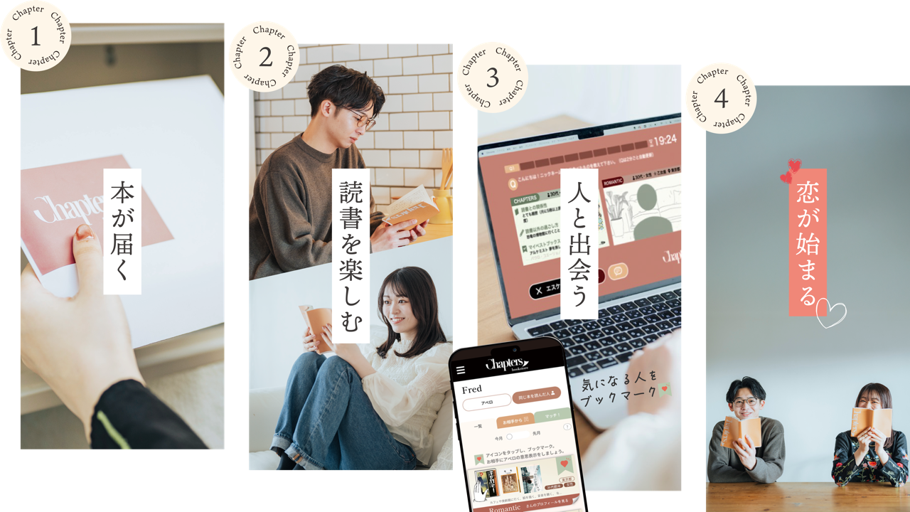 チャプターズの流れ。1 本が届く、2 読書を楽しむ、3 人と出会う、4 恋が始まる