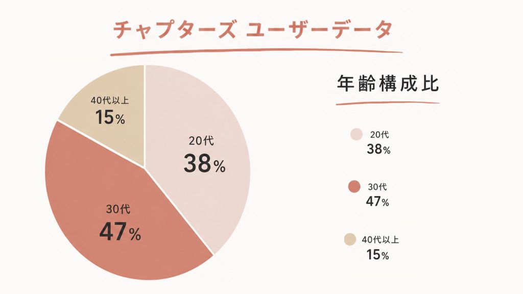 チャプターズのユーザー年齢構成比。20代38%、30代47%、40代以上15%
