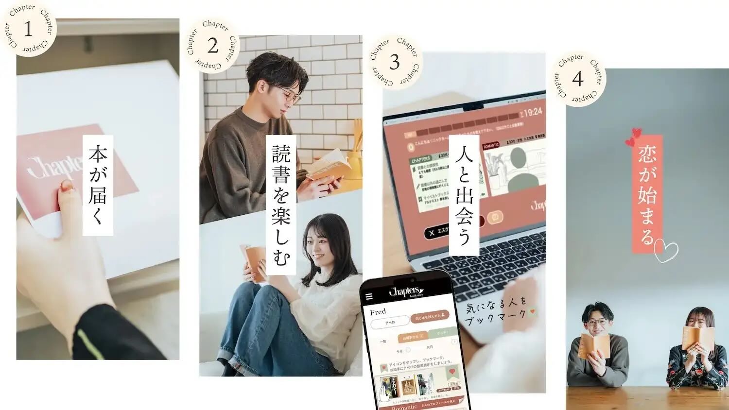 チャプターズの使い方を4枚の写真で紹介した図。1 本が届く、2 読書を楽しむ、3 人と出会う、4 恋が始まる。封筒を手に取る手元、本を読む男女、アペロの画面が映るパソコンとスマホ、本を手に向かい合う男女の写真